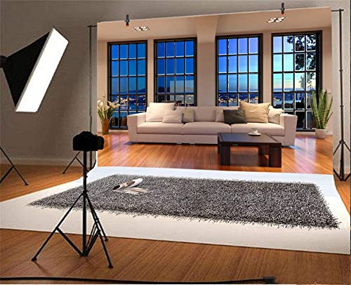 AOFOTO 15x10ft Business Office Window View Backdrop French Sash Modern Living Room Interior Sofa Casement Photography Background Work at Home Nightscape Wooden Floor Furniture Video Studio Props Vinyl - size: 15x10ft