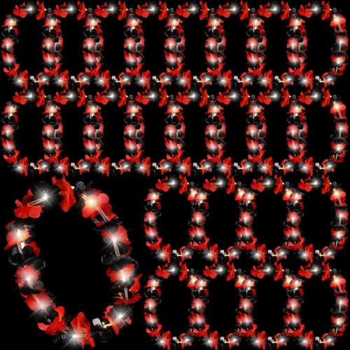 Sherr 24 Pcs LED Light Up Hawaiian Leis Flower Necklaces, Black and Red Artificial Flower Garlands for Graduation Party, Luau, Wedding, Festival Night Accessories - color: Black Red