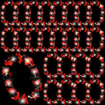 Sherr 24 Pcs LED Light Up Hawaiian Leis Flower Necklaces, Black and Red Artificial Flower Garlands for Graduation Party, Luau, Wedding, Festival Night Accessories - color: Black Red