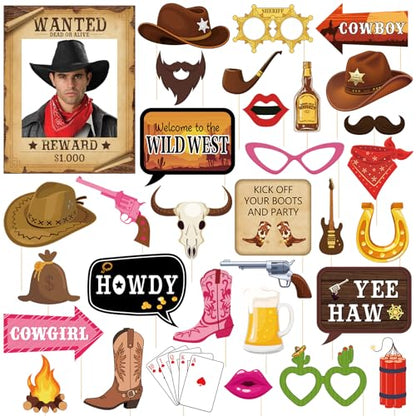 Western Photo Booth Props Wild West Party Decorations Western Decorations Texas Theme Props with Wanted Sign for Cowgirl Bachelorette Party Cowboy Birthday Party Supplies