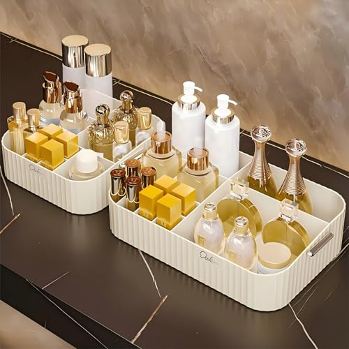 DASITON Large Capacity Makeup Organizer,12 Slots Makeup Brush Holder,Makeup Storage with Handle,Vintage Striped Cosmetic Organizer for Bathroom Countertops,Desk Storage Container(Cream) - color: Cream
