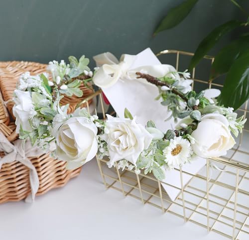 Women Flower Crown Wedding Floral Headband Flower Halo Floral Crown Bridal Party Cosplay Halloween Photos - color: beige white
