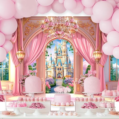 Newsely Princess Castle Garden Backdrop 7Wx5H Photography Pink Palace Curtain Floral Green Plants Cloud Crystal Lamp Sky Cute Background Girly Party Decorations Banner Photo Booth Props Supplies - color: A-Castle, size: 7Wx5H