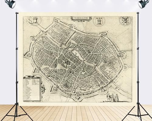 Trykid 6x6ft Vintage Tournai City Map Backdrop Old Antique Classic Retro Historical Photography Background Educational Display Study Party Decoration Tapestry Photo Booth Prop Fabric - size: 6x6ft
