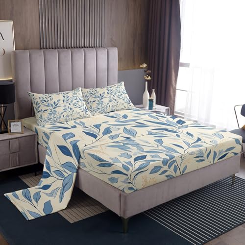 Feelyou Plant Sheet Set Twin Size Kids Floral Nordic Bed Sheets Set for Boys Girls Teens Blossoming Iris Flowers Sheets with Deep Pocket Fitted Sheet Breathable Botanical Garden Bedding Set Bed Set - color: Blue Beige, size: Twin