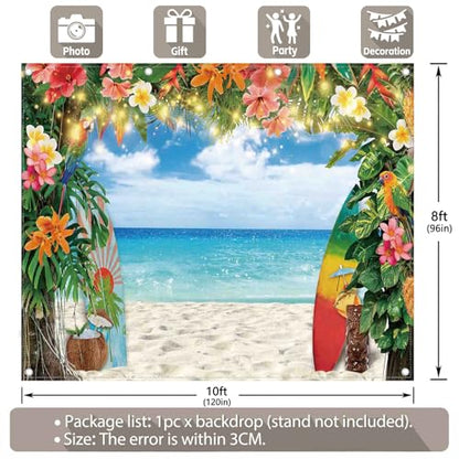 10x8ft Fabric Summer Hawaiian Beach Photography Backdrop Tropical Flower Palm Leaves Surfboard Background Aloha Luau Decorations Photo Banner - size: 10'x8'