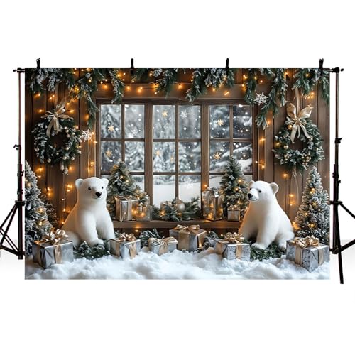 AIBIIN 7x5ft Winter Christmas Backdrop Window Snowy Xmas Pine Trees Forest View Photography Background Winter Christmas Cute Bear Gift Photo Backdrop - color: Bear, size: 7x5ft