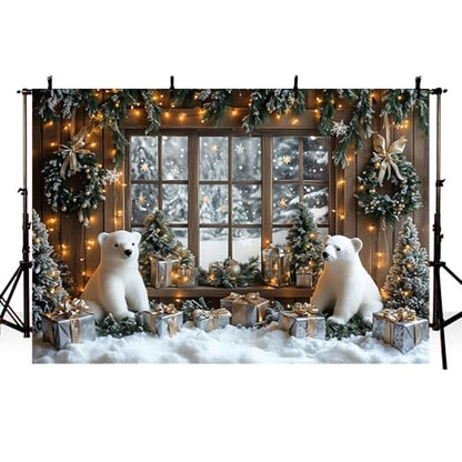 AIBIIN 8x6ft Winter Christmas Backdrop Window Snowy Xmas Pine Trees Forest View Photography Background Winter Christmas Cute Bear Gift Photo Backdrop - color: Bear, size: 8x6ft