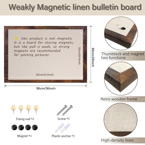 Large Magnetic Bulletin Board 36 x 24 Inch for Wall,Rustic Framed Cork Board with Linen for Home Office School,with 4 Push pins, 4 Magnets - size: 36inchx24inch