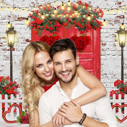 Valentines Backdrop 10x8ft Red Rose Love Heart White Brick Wall Red Door Photography Background Happy Valentine's Day Wedding Bridal Shower Anniversary Party Photo Booth Props