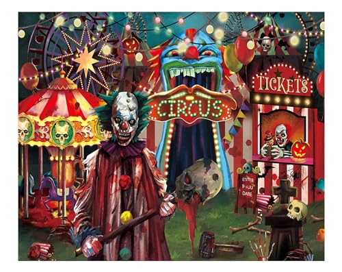 Funnytree 10x8FT Halloween Evil Circus Theme Backdrop for Photography Clown Creepy Carnival Haunted House Horror Scary Birthday Party Decorations Banner Home Decor Photo Booth Props Background - size: 10'x8'