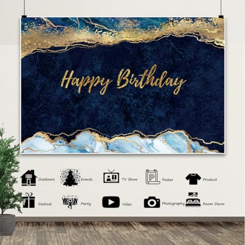 12x6ft Blue Marble Backdrop for Birthday Party Glittering Gold Fluid Happy Birthday Navy Blue Modern Photoshoot Background for Celebration Newborn Bbay Shower Kid Adult Portrait Photo Prop - size: 12x6ft-polyester