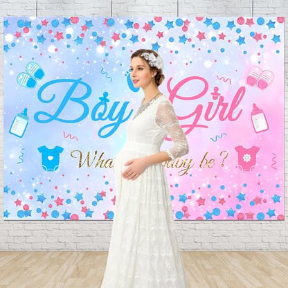 10x8 FT Gender Reveal Boy Or Girl Photo Backdrop He Or She What Will Baby Be Blue Pink Footprints Glitter Dots Star Party Decorations Photography Background Polyester - size: 10x8 FT