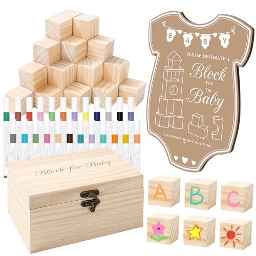 JarThenaAMCS 80 Pcs Baby Shower Game Kits Coloring Building Blocks Baby Clothes Wooden Display Sign Colorful Markers with Storage Box for Birthday Party DIY Crafts Supplies
