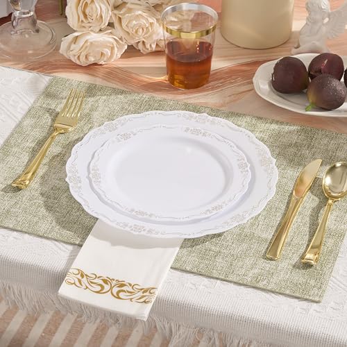 Fijinhom 175 PCS White and Gold Disposable Plates, Elegant Dinnerware Set for 25 Guests, 50 Plastic Plates, 75 Silverware, 25 Cups & 25 Paper Napkins, White and Gold - color: White and Gold Pattern, size: 25 Guests-175pcs