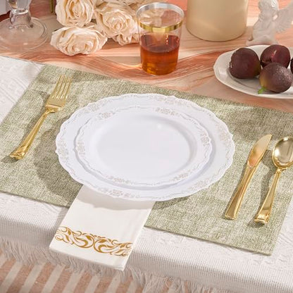 Fijinhom 175 PCS White and Gold Disposable Plates, Elegant Dinnerware Set for 25 Guests, 50 Plastic Plates, 75 Silverware, 25 Cups & 25 Paper Napkins, White and Gold - color: White and Gold Pattern, size: 25 Guests-175pcs