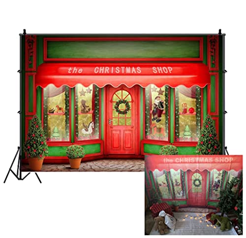AOFOTO 12x10ft Red Christmas Shop Backdrop Front Door of Xmas Display Window Santa's Toy Store Photography Background Holiday New Year Party Banner Kids Baby Child Adult Portrait Photo Studio Props - size: 12x10ft