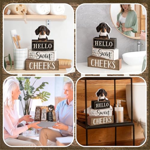 Moucuny 4 Pcs Dachshund Bathroom Decor Set Funny Toilet Wooden Tiered Tray Decor Farmhouse Dachshund Centerpiece Rustic Bathroom Shelf Decoration Hello Sweet Cheeks Decoration for Home Office - style: Dachshund