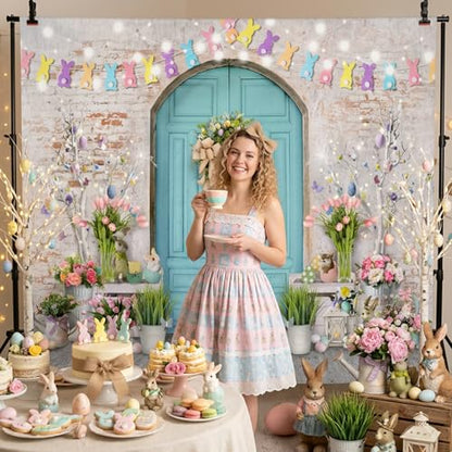 Mocsicka Easter Backdrop Blue Wooden Door with Brick Wall Bunny Rabbit Spring Photography Background Easter Day Party Decorations Photo Studio Props - size: 7x5ft (82x60 inch)