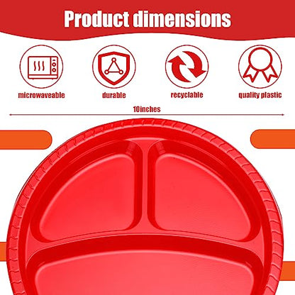 Umigy 100 Pcs 10 Inch 3 Compartments Divided Plastic Plates Bulk Colorful Disposable Heavy Duty Round Dinnerware for Valentine Wedding Birthday Party(Red) - color: Red
