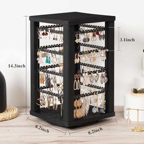 Emfogo 360 Earring Holder Organizer, Rustic Wood Earring Stand, Rotating Wooden Display, 4 Tiers Earring Organizer Stand for Stud Earrings, Hoop Earrings & Necklaces, Women Gifts - color: Black