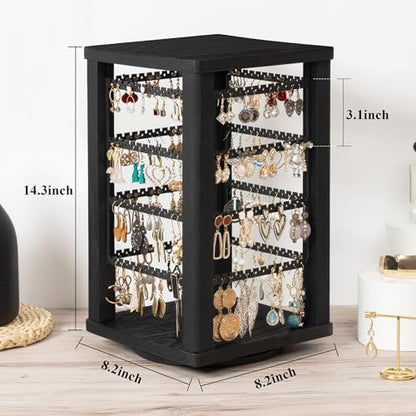 Emfogo 360 Earring Holder Organizer, Rustic Wood Earring Stand, Rotating Wooden Display, 4 Tiers Earring Organizer Stand for Stud Earrings, Hoop Earrings & Necklaces, Women Gifts - color: Black
