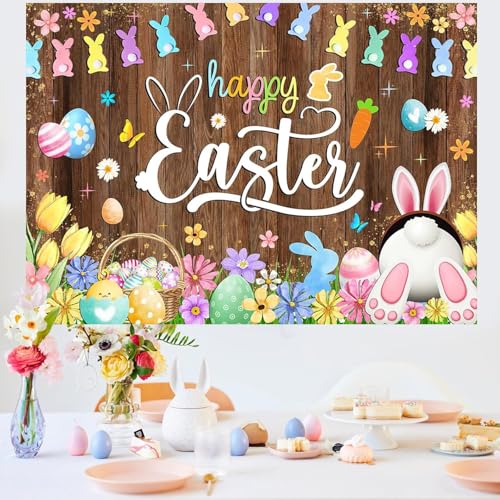 Mocsicka Spring Happy Easter Backdrop Easter Rustic Wooden Wall Photo Banner Colorful Bunny Rabbit Easter Eggs Floral Grass Easter Party Decorations Background Photo Booth Props (10x7ft (120x82 inch)) - size: 10x7ft (120x82 inch)