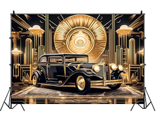 Roaring 20s Background 9x6ft Black Gold Retro Texture Background for 20's Prom Party Decor Portrait Photo Shoot 1920s Vintage Car Backdrop Photography Studio Set Props - size: 9x6FT