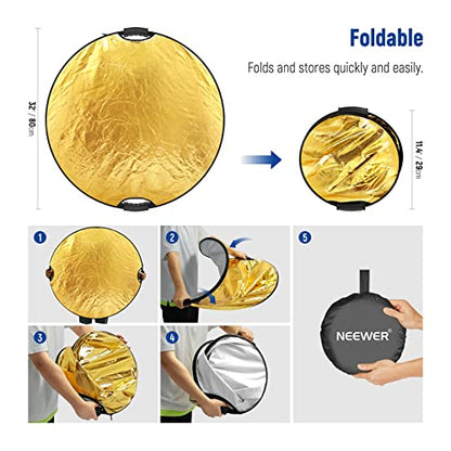 NEEWER 80cm Light Reflector with Handle & 3/8" Thread, 5 in 1 Foldable Round Light Diffuser, Translucent/Silver/Gold/White/Black for Studio or Outdoor Photo Lighting, RF-80II - style: 80cm