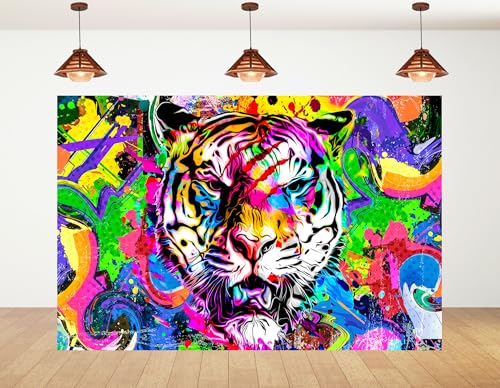 4x4ft Graffiti Tiger Backdrop Neon Colorful Photography Background for Night Club Party and Graffiti Art Display Wall Decorations Tapestry Photo Booth Props - size: 4x4ft