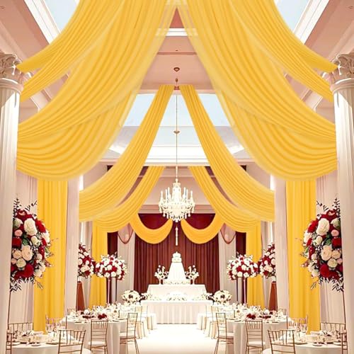 DUOBAO Chiffon Ceiling Drapes 20FT 6 Panels Gold Sheer Wedding Backdrop Curtains for Indoor Events Banquet Hall Tent Drapery Soft Draping Fabric for Arches Christmas and Photography - color: Gold, size: 60"W x 240"L (Pack of 6)