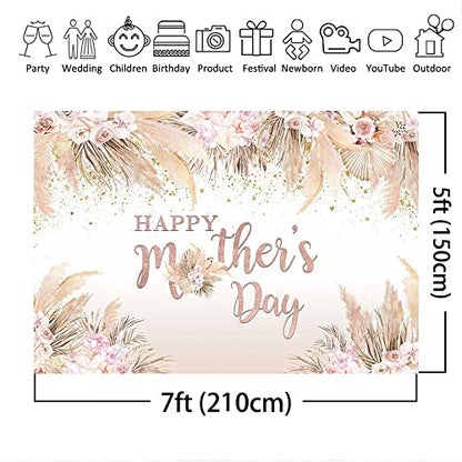 Mocsicka 7x5ft Mothers Day Backdrop Banner Boho Happy Mother's Day Photo Background Party Decorations Pampas Grass Thanks Mom Mother Day Decorations Banner Photo Booth Props - size: 7x5ft