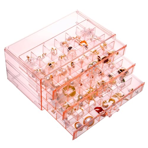 YUFONG Earring Storage Box Organizer 3 Drawers Acrylic Jewelry Storage Box Holder Transparent Jewelry Display Stand with 72 Small Compartments Gift for Women Girls (Clear Pink) - color: Clear Pink
