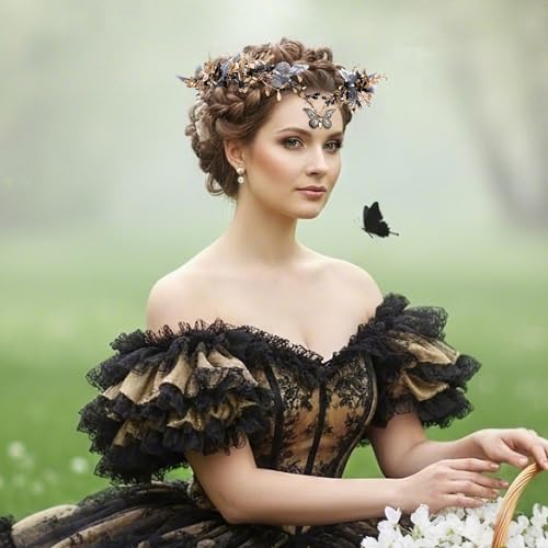 MOSTORY Handmade Fairy Butterfly Crown - Elf Flower Hadpiece Elven Headband for Women s Spring Wedding Maternity Shoot - color: Black-gold