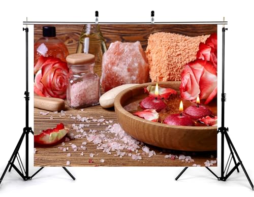 9x6ft Rose Petal Spa Backdrop with Pink Bath Bombs and Red Candles Photography Background for Skincare Relaxation and Romantic Party Decorations Banner Photo Booth Props - size: 9x6ft