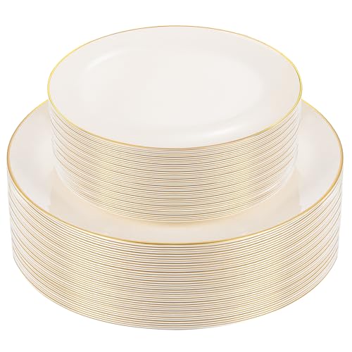 PULOTE 60 PCS Ivory Plastic Plates - Cream Plastic Disposable Include 30 Dinner and 30 Dessert Plates with Gold Rim - Ideal for Party & Wedding - color: Ivory, size: 60 PCS
