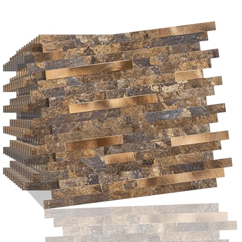 Peel and Stick Backsplash Tile, 10 Sheets Rustic Stone Look PVC Wall Tiles, Dark Rust and Gold Self Adhesive Backsplash for Kitchen and Bathroom, Waterproof Heat Resistant - color: Yellow Rust Stone