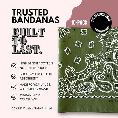 The Peacock Crew Premium Soft Cotton Bandanas Pack for Men and Women Paisley 22 x 22 inches - color: Pack of 10 Olive Green