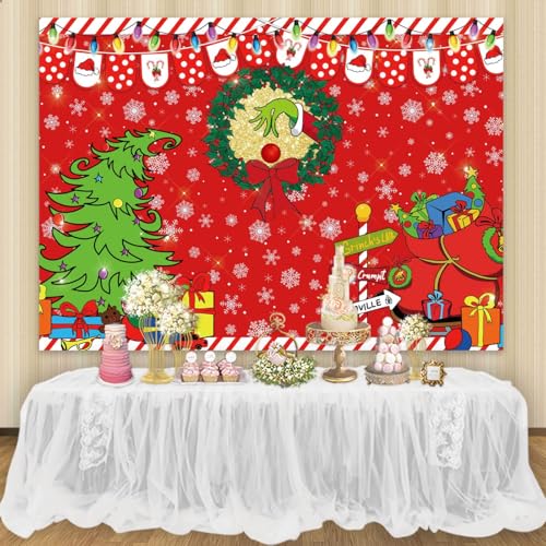 9x6ft Merry Grinchmas Backdrop Red Christmas Backdrop Xmas Tree Snow Winter Signpost Background for Christmas Family Party Photo Studio Prop - size: 9x6ft