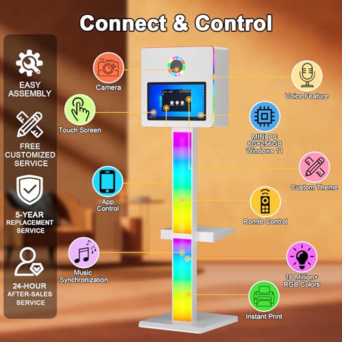 DSLR Photo Booth Built-in Mini PC and Flight Case Mirror Photo Booth with 15.6" Touch Screen RGB Lights App Control for Parties Weddings Event Rentals (White) - color: White