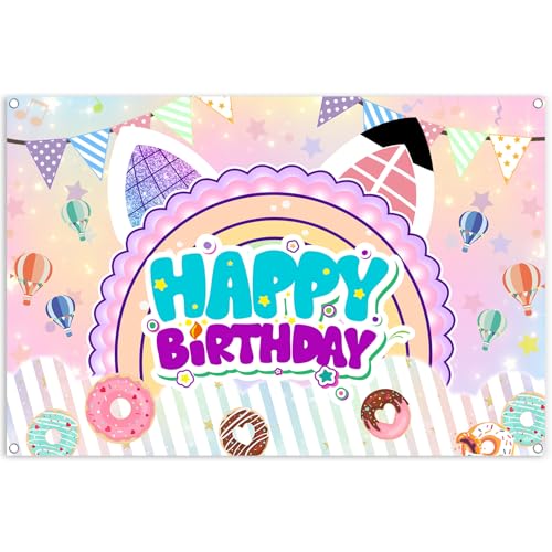 5x3ft Cute Cartoon Cat Theme Backdrop Cartoon Photography Background Kids Boys Girls Birthday Party Decorations Photo Booth Banner Props - color: Purple-Cat