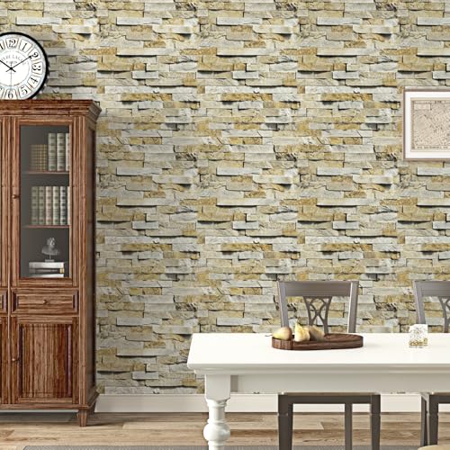 Wallercity Rustic Brick Wallpaper Peel and Stick Grey Yellow Bricks Decorative Contact Paper for Walls Bedroom Waterproof Faux 3D Rock Stone Wallpaper for Backsplash Kitchen Accent Wall 15.8"x78.7" - color: Grey/White, size: 15.8" x 78.7"
