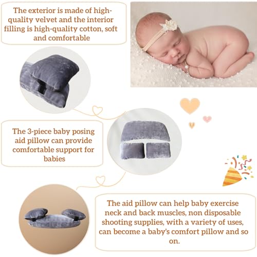 3 PCS Newborn Photography Props, 0-3 Months Baby Posing Aid Pillow, DIY Newborn Professional Photograph Shoot Set (Grey) - color: Grey