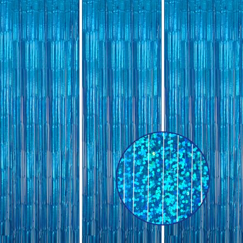 DECOCKRAT 3 Pack Foil Fringe Backdrop - Laser Blue Shiny Tinsel Curtains for Party Decoration/Photo Booth Props - 3.3x8.2 FT Metallic Foil Backdrop for Birthday, Wedding, Graduation, Christmas. - color: Laser Blue