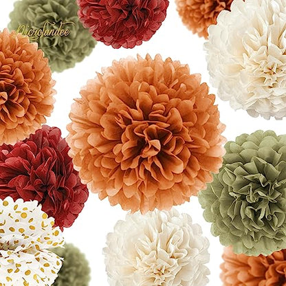 NICROLANDEE Fall Party Decorations, 12 PCS Pumpkin Orange Burgundy Sage Green Ivory Tissue Pom Poms Thanksgiving Decor for Home, Wedding, Birthday, Autumn Harvest Party Supplies - style: Fall