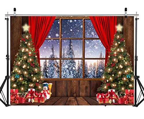 8X6FT Christmas Backdrop - Wood Floor Snow Forest Window View Photography Background for Studio Props DH-219