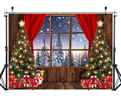 8X6FT Christmas Backdrop - Wood Floor Snow Forest Window View Photography Background for Studio Props DH-219