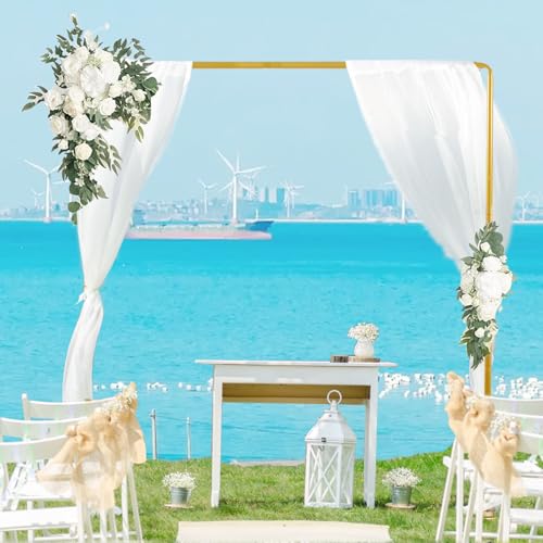 8.2FT Square Wedding Arch Backdrop Stand,Balloon Arch Stand, Metal Gold Backdrop Adjustable Stand Heavy Duty, Extra 2 Clamps Change Over The Table Rod Stand for Party Decoration,Garden Trellis Frame - color: Gold