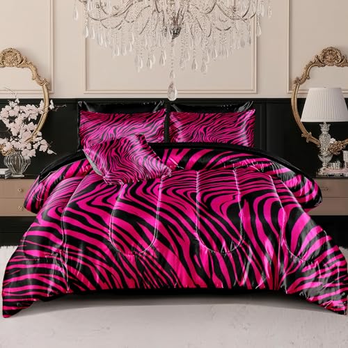 Zebra Print Bedding Set Hot Pink Satin Comforter with Sheets Zebra Stripe Animal Print Africa Wildlife Theme Silk Like Silky Bed in A Bag Black Pink Comforter Sets - color: Hot Pink, size: Queen