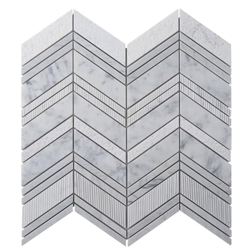 White and Gray Textured Chevron Bianco Carrara Marble Mosaic Tile (6.09 Sq ft- Box of 5 Sheets) - color: White and Gray, size: 13 x 13.5 in (Pack of 5)